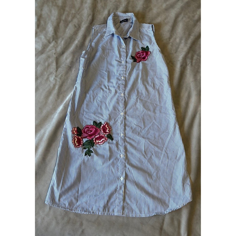 Stylehouse Womens Blue White Striped Sleeveless Floral Embroidered Shirt Dress S